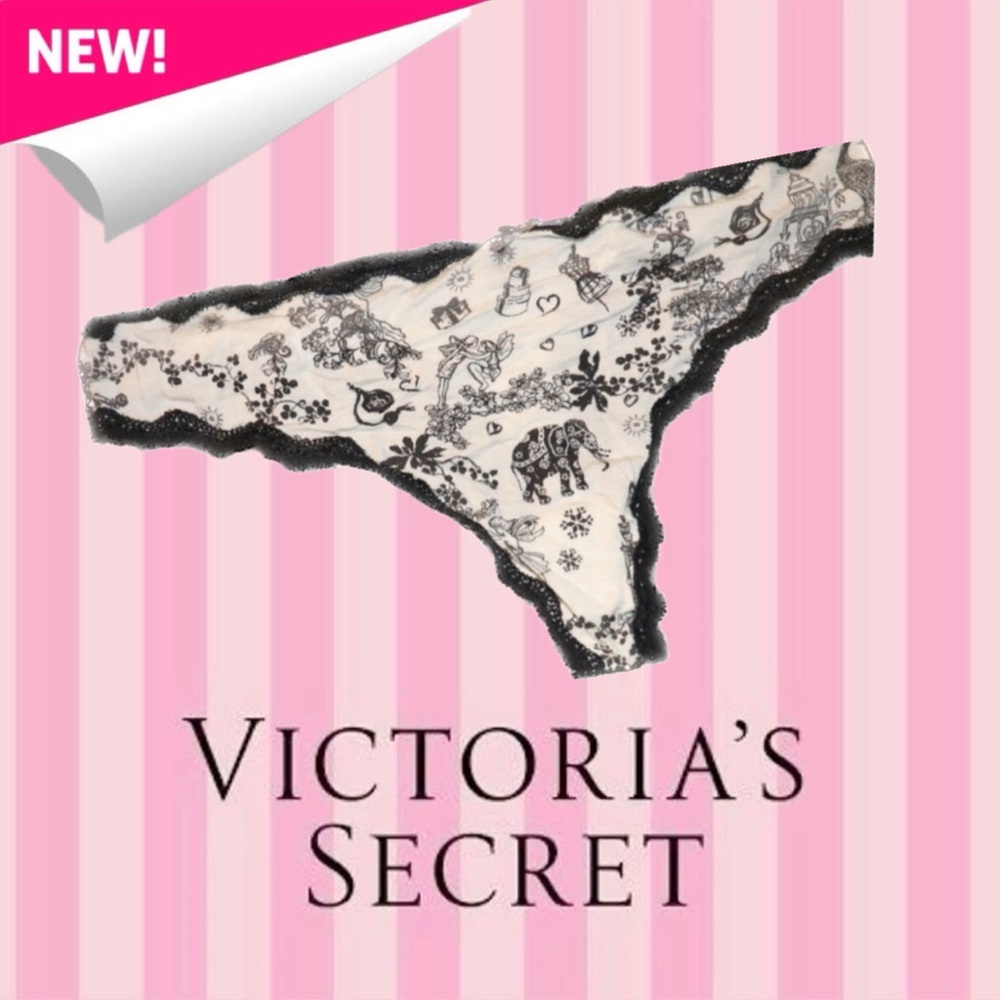 Victoria’s Secret Toile Print Lace Trim Thong Panty Ivory & Black Size L
